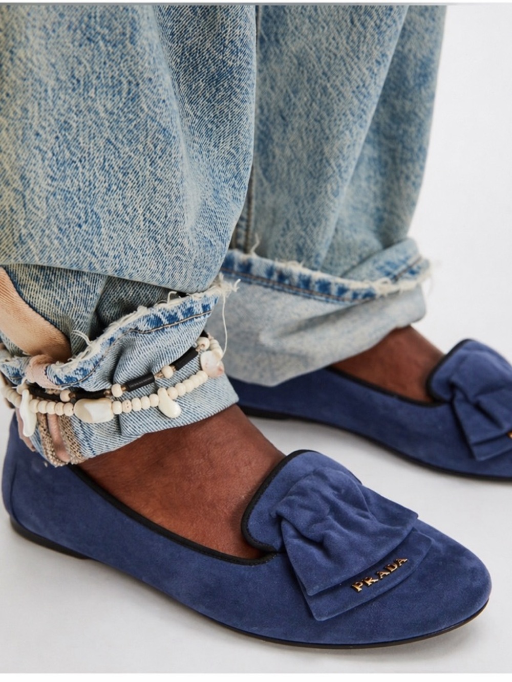 Prada blue suede bow ballerina moccasins flats 7